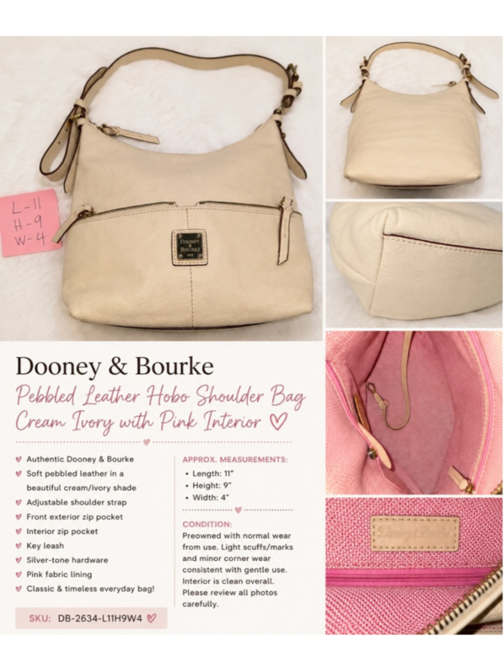 Dooney & Bourke Pebbled Leather Cream Ivory Hobo Shoulder Bag Pink Interior